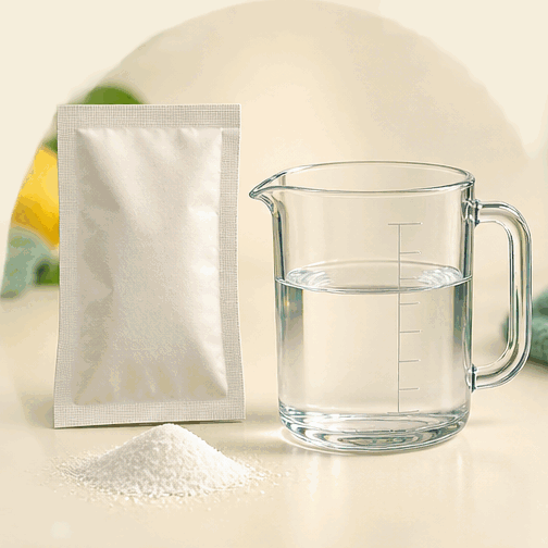 Animated demonstration of SundarCare hand wash powder being mixed with water